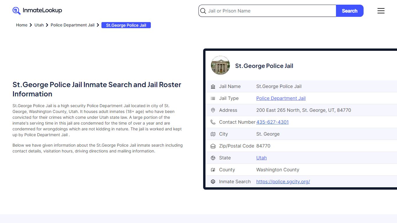 St.George Police Jail Inmate Search - St. George Utah - Inmate Lookup